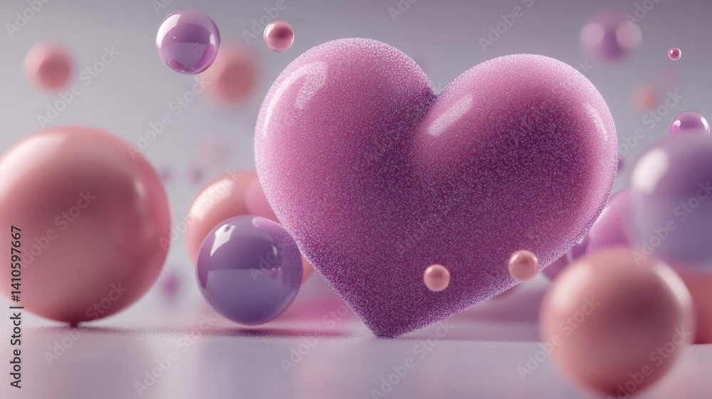 Pink and purple spheres floating around a textured heart representing love and affection