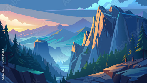 High above the forest, steep cliffs rise into a pale blue dawn.
Silence fills the air, broken only by the wind through the peaks.