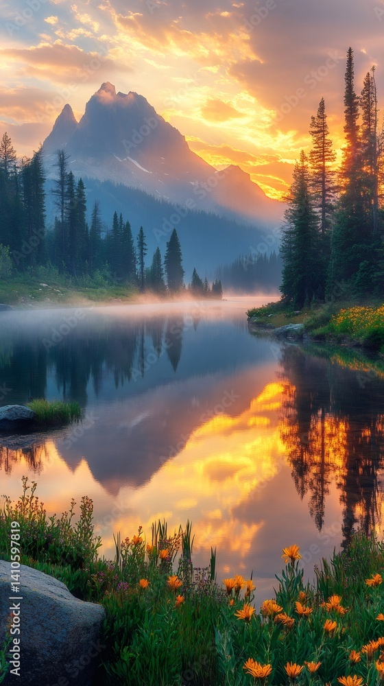 Vibrant sunset reflecting on a pristine mountain lake