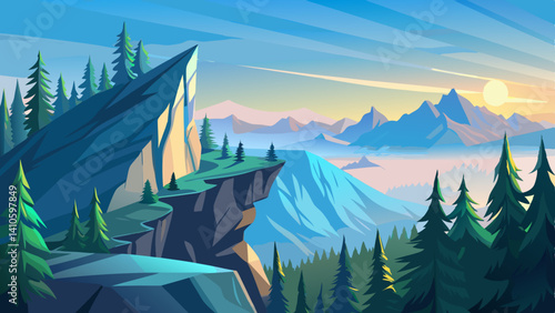 High above the forest, steep cliffs rise into a pale blue dawn.
Silence fills the air, broken only by the wind through the peaks.