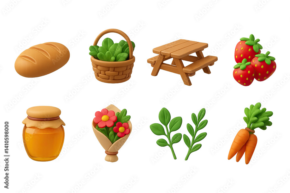 3D icon set of vegetable gardening: soil tester, hose nozzle, shovel, garden fork, compost bin, plant pot, rake, garden marker. 3d icon. icons set of 3d style in a modern design. Isolated