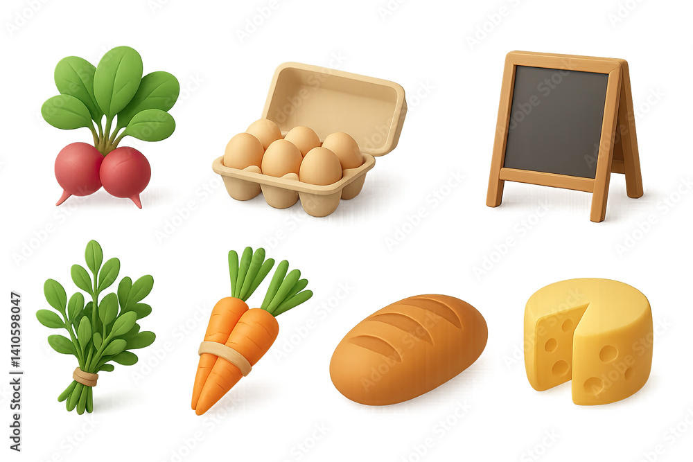 3D icon set of spring farmer's market: picnic table, fresh herbs, cheese wheel, reusable bag, chalk sign, basket of greens, wooden stall, apple crate. 3d icon. icons set of 3d style in a modern