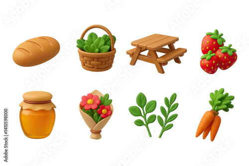 Obraz na płótnie 3D icon set of vegetable gardening: soil tester, hose nozzle, shovel, garden fork, compost bin, plant pot, rake, garden marker. 3d icon. icons set of 3d style in a modern design. Isolated w salonie