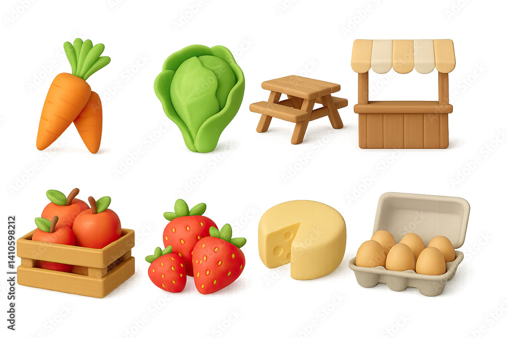 3D icon set of eco market: carrot bunch, lettuce head, picnic table, wooden stall, apple crate, strawberries, cheese wheel, egg carton. 3d icon. icons set of 3d style in a modern design. Isolated
