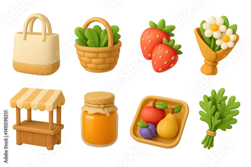 Obraz na płótnie 3D icon set of spring food fair: reusable bag, basket of greens, strawberries, flower bouquet, wooden stall, jar of honey, fruit tray, fresh herbs. 3d icon. icons set of 3d style in a modern design. w salonie