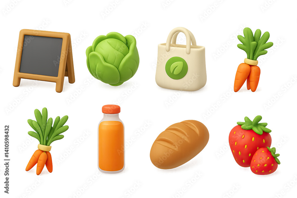 3D icon set of spring farmer's market: picnic table, fresh herbs, cheese wheel, reusable bag, chalk sign, basket of greens, wooden stall, apple crate. 3d icon. icons set of 3d style in a modern