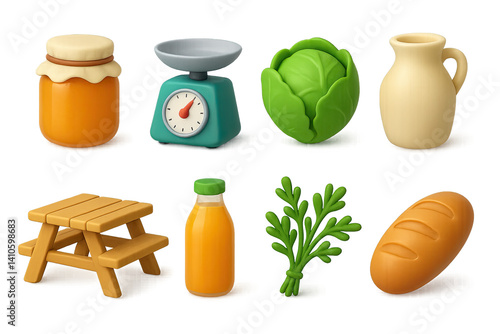 Obraz na płótnie 3D icon set of spring farmer's market: picnic table, fresh herbs, cheese wheel, reusable bag, chalk sign, basket of greens, wooden stall, apple crate. 3d icon. icons set of 3d style in a modern w salonie