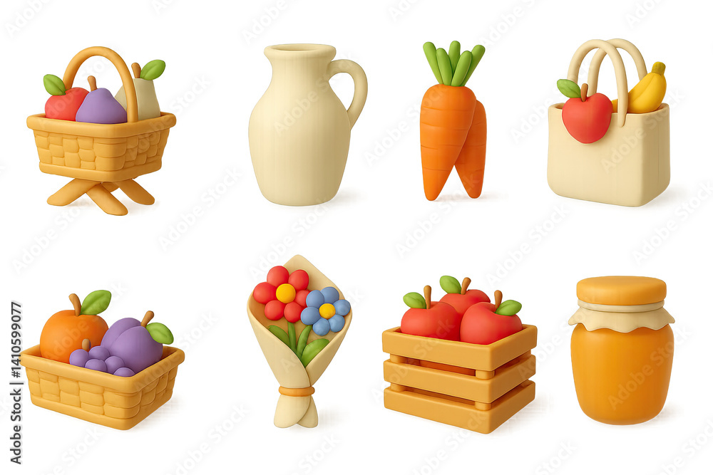 3D icon set of fruit trees: hose nozzle, garden hose, soil tester, plant pot, wheelbarrow, seed packet, gloves, spray bottle. 3d icon. icons set of 3d style in a modern design. Isolated