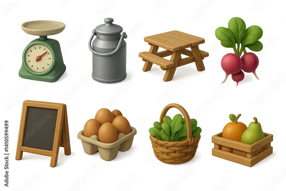 3D icon set of rustic produce market: vendor scale, dairy jug, picnic table, radish bunch, fruit tray, chalk sign, egg carton, basket of greens. 3d icon. icons set of 3d style in a modern design.