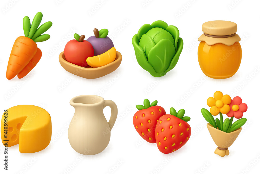 3D icon set of seasonal snacks: carrot bunch, fruit tray, lettuce head, jar of honey, cheese wheel, dairy jug, strawberries, flower bouquet. 3d icon. icons set of 3d style in a modern design.
