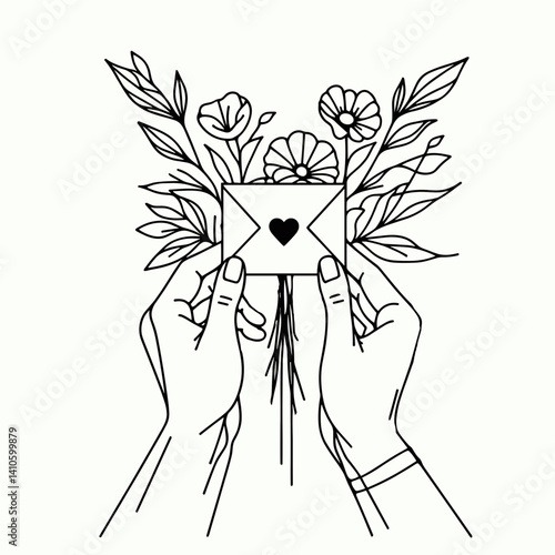 Two hands holding a love letter surrounded by flowers in a minimalistic black-and-white line art style
