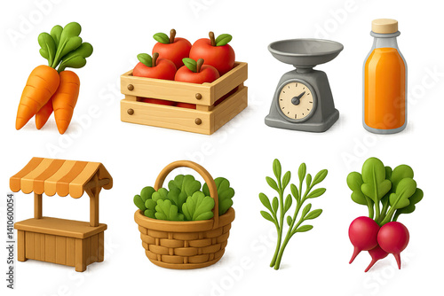 3D icon set of handcrafted items market: carrot bunch, apple crate, vendor scale, juice bottle, wooden stall, basket of greens, fresh herbs, radish bunch. 3d icon. icons set of 3d style in a modern