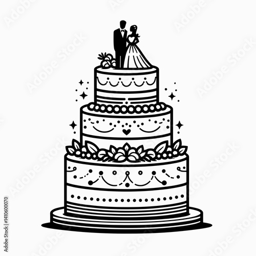 Wedding anniversary cake with couple figurines in a minimalistic black-and-white line art style