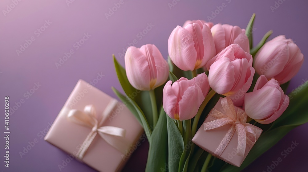 Pink tulips and gift boxes on purple background for mother's day or birthday