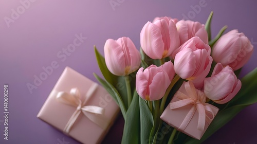 Pink tulips and gift boxes on purple background for mother's day or birthday