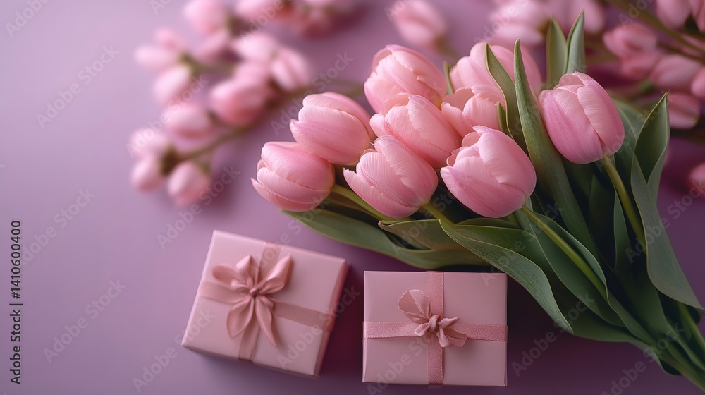 Pink tulips bouquet and gift boxes on purple background for mother's day or birthday