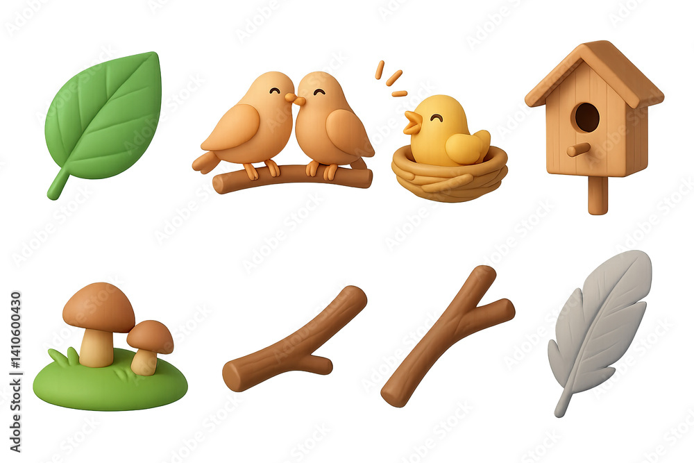 3D icon set of nesting birds: blue jay, crane, duck, flamingo, parrot, canary, finch, cockatoo. 3d icon. icons set of 3d style in a modern design. Isolated