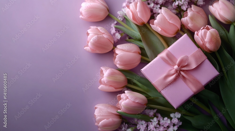 Pink tulips and gift box on a purple background for mother's day