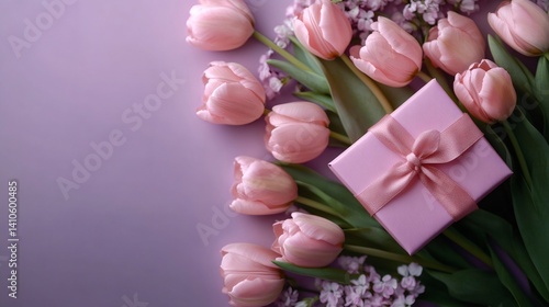 Obraz na płótnie Pink tulips and gift box on a purple background for mother's day w salonie