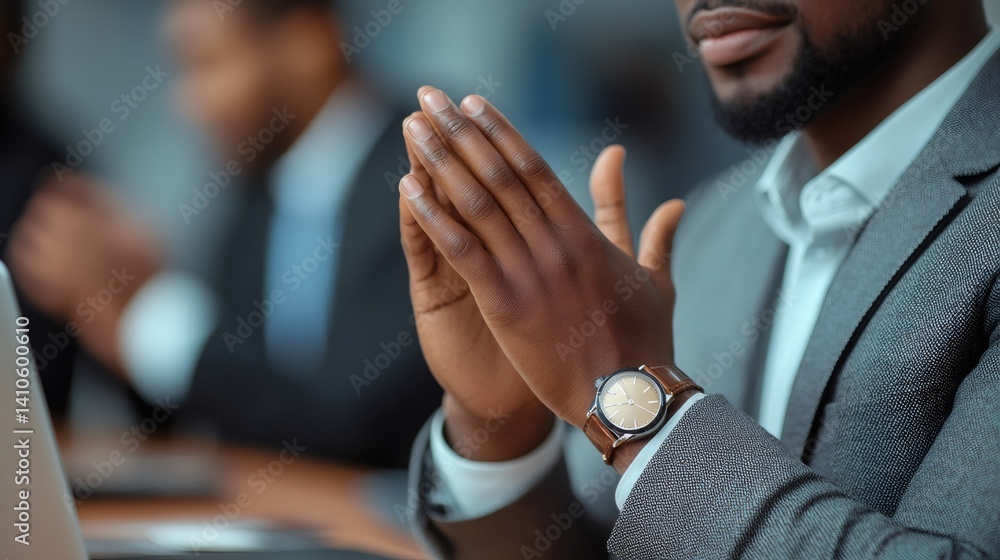 Businessman joining hands in prayer during office meeting