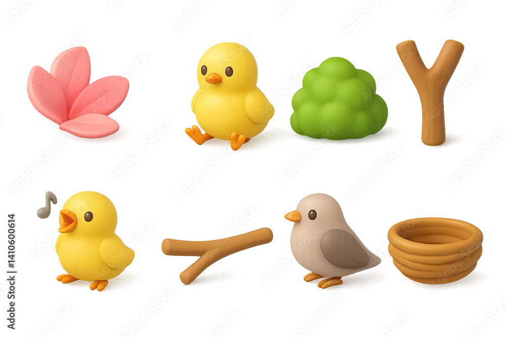 3D icon set of nesting birds: blue jay, crane, duck, flamingo, parrot, canary, finch, cockatoo. 3d icon. icons set of 3d style in a modern design. Isolated