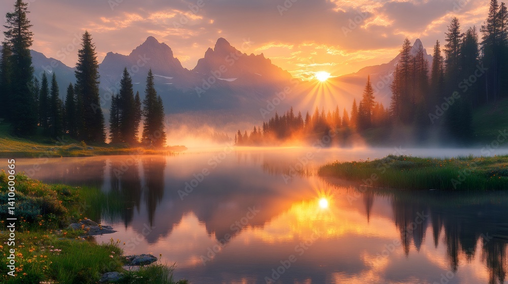 Fototapeta premium Majestic sunrise over serene mountain lake landscape