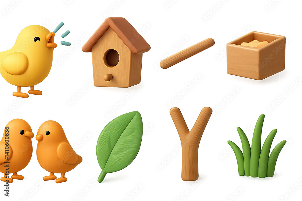 3D icon set of bird care: chirping chick, birdhouse, branch, nesting box, bird couple, leaf, tree fork, grass. 3d icon. icons set of 3d style in a modern design. Isolated