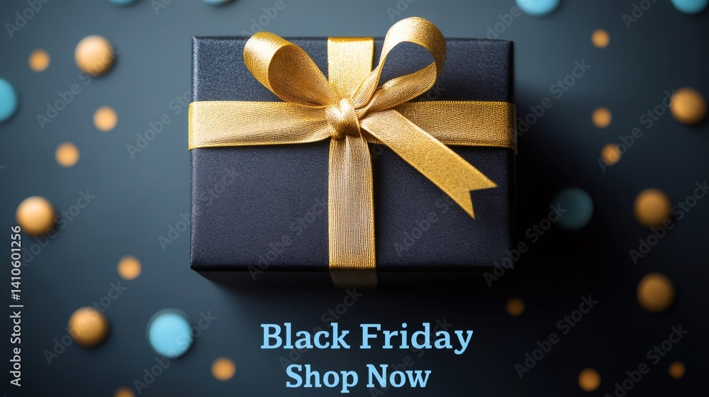 Black friday gift wrapped with gold ribbon on dark background