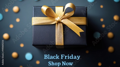 Obraz na płótnie Black friday gift wrapped with gold ribbon on dark background w salonie