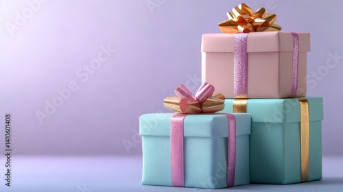 Stack of pastel colored gift boxes with golden bows on purple background