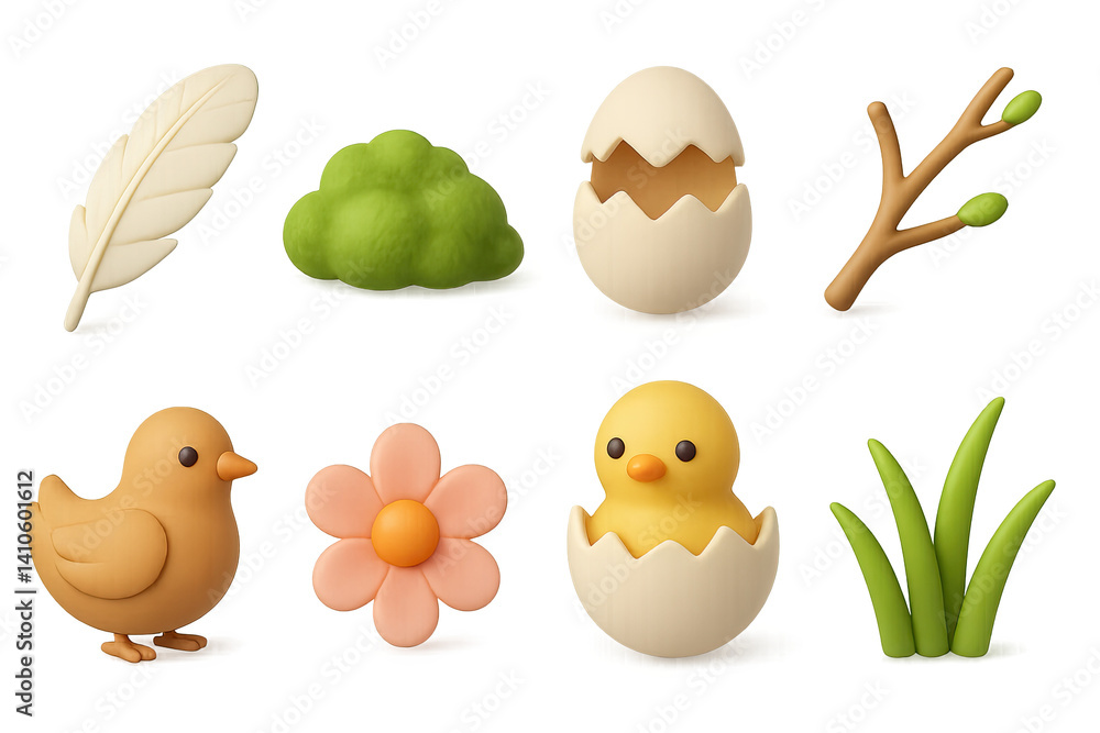 Charming 3d spring icon set featuring chick, egg, and nature elements