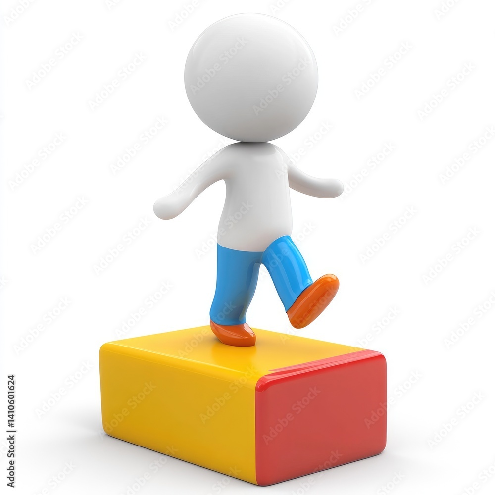 3D model figure strides across a bi-colored block. 3D model figure strides across a bi-colored block.