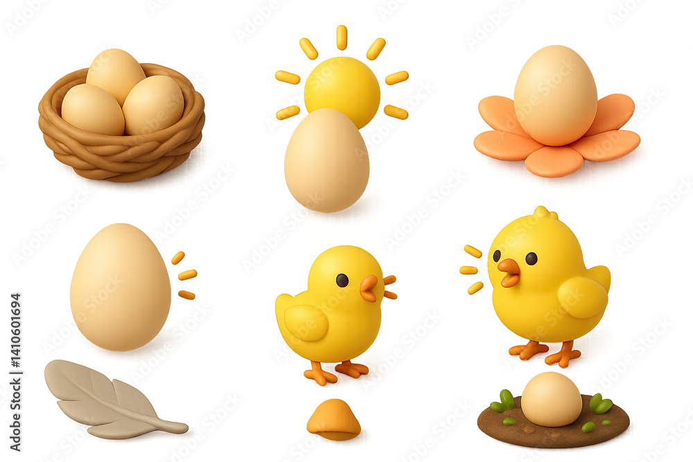Easter and spring icons set: eggs, chicks, and more in a 3d style