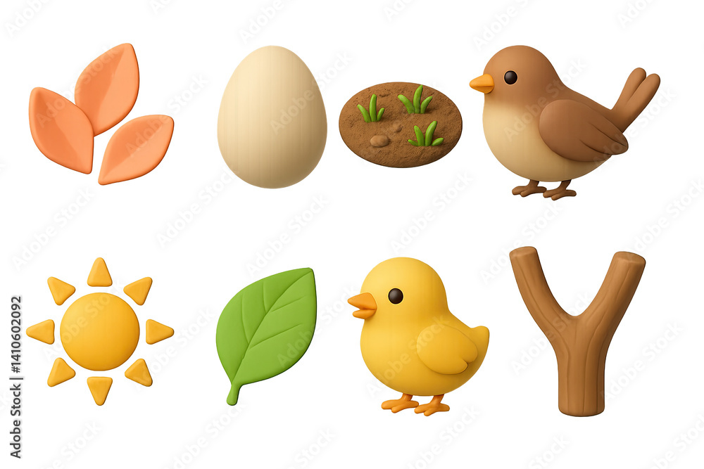3D icon set of bird-friendly gardens: seed packet, spray bottle, fertilizer bag, garden marker, compost bin, gloves, trowel, planter box. 3d icon. icons set of 3d style in a modern design. Isolated