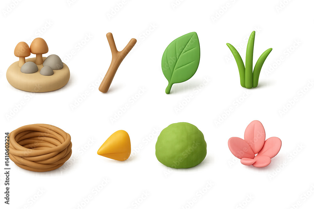 Nature elements icons set: 3d style with leaves, nest, flowers, and twig