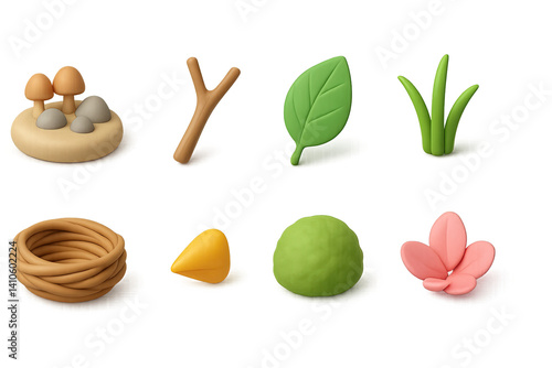 Obraz na płótnie Nature elements icons set: 3d style with leaves, nest, flowers, and twig w salonie