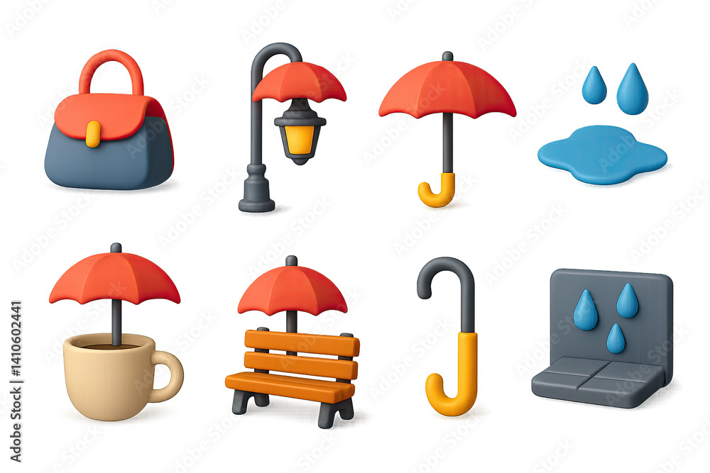 3D icon set of sun and rainbow: umbrella, bird, sun, butterfly, hill, flower, tree, cloud. 3d icon. icons set of 3d style in a modern design. Isolated