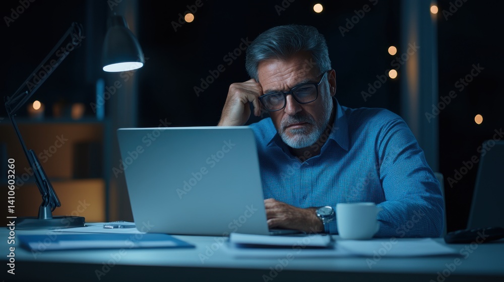 Thoughtful senior man working late at night on laptop with a cup of coffee in dimly lit room with soft lights Thoughtful senior man working late at night on laptop with a cup of coffee in dimly lit room with soft lights