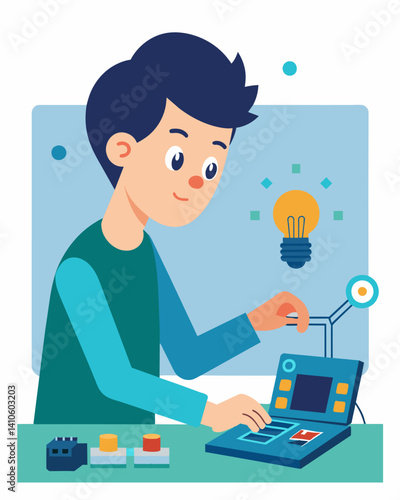 A teen programming a microcontroller board to control lights and sensors gaining handson experience with IoT programming.. Vector illustration