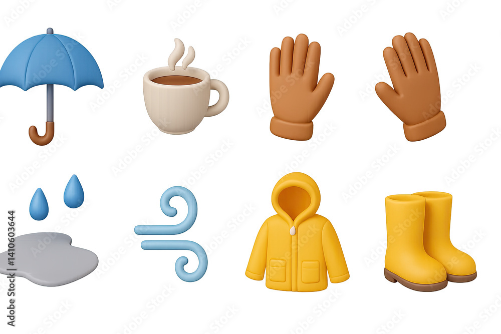 3D icon set of rainy spring style: layered outfit, crossbody bag, cardigan, sunglasses, chinos, loafers, raincoat, spring hat. 3d icon. icons set of 3d style in a modern design. Isolated