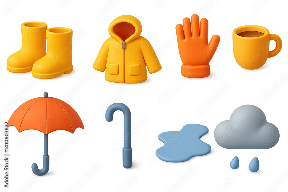 3D icon set of spring jackets: layered outfit, raincoat, knit sweater, light jacket, spring hat, tote bag, loafers, denim jacket. 3d icon. icons set of 3d style in a modern design. Isolated
