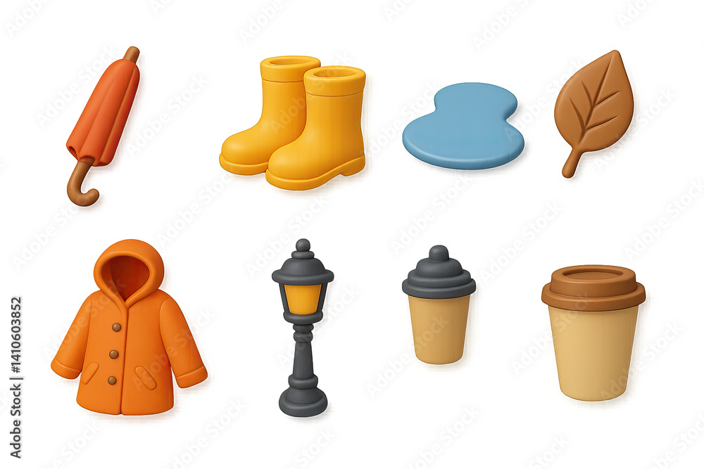 3D icon set of rainy spring style: layered outfit, crossbody bag, cardigan, sunglasses, chinos, loafers, raincoat, spring hat. 3d icon. icons set of 3d style in a modern design. Isolated