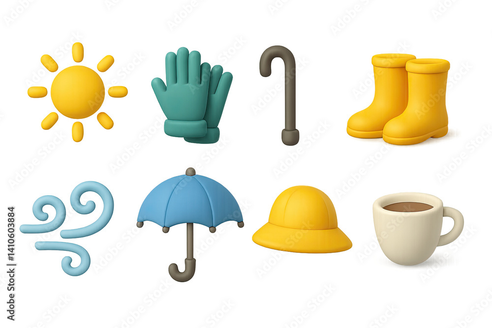 3D icon set of sunny weather: bird, hill, flower, star, mountain, light ray, rainbow, sunbeam. 3d icon. icons set of 3d style in a modern design. Isolated