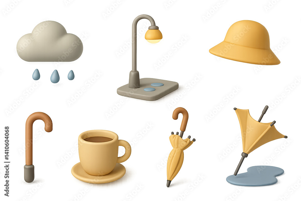 3D icon set of rainy day umbrellas: umbrella handle, coat, streetlight, wet pavement, sun, coffee cup, umbrella canopy, wind swirl. 3d icon. icons set of 3d style in a modern design. Isolated