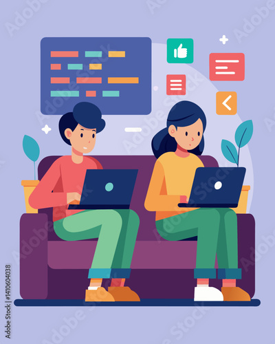 A pair of friends sit side by side on a couch their tablets planted firmly in their laps as they work together to debug a program theyve been coding.. Vector illustration