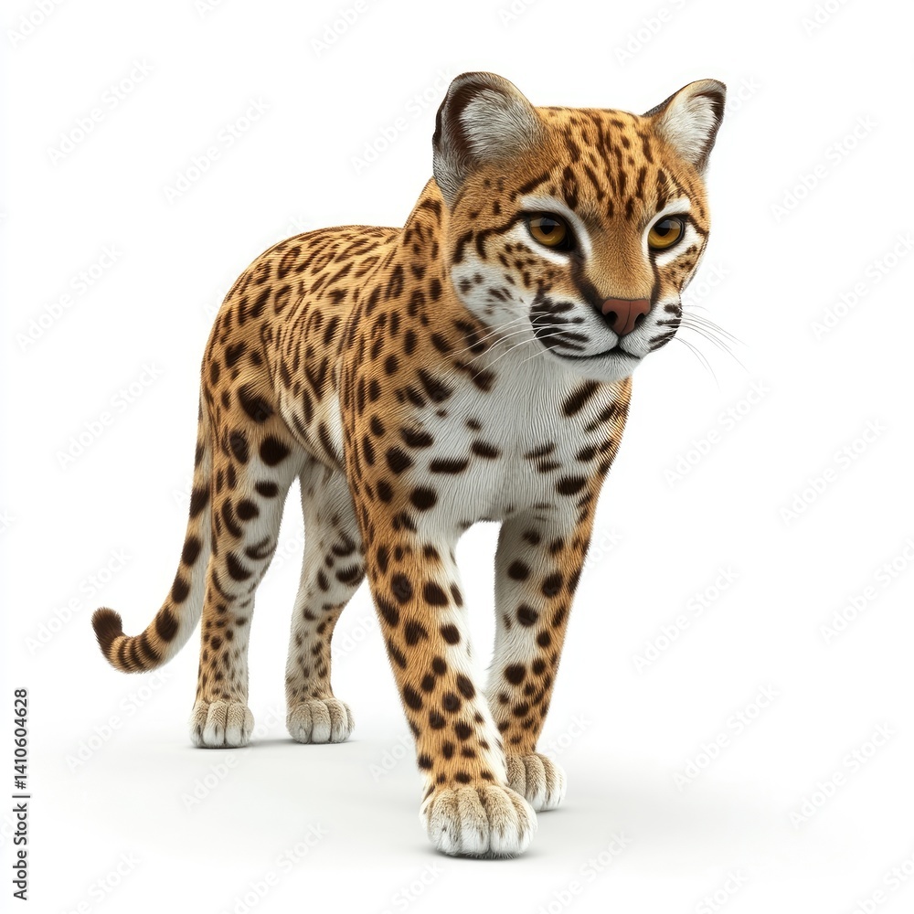 Obraz premium Ocelot in a forward-facing stance against a white background.