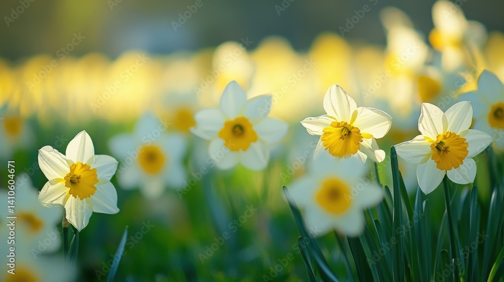 Fototapeta premium A field of vibrant, white daffodils bathed in sunlight.