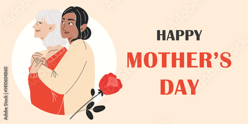Mother's Day Card Design with Adult Daughter Hugging Elderly Mother. Cute Poster and Banner for Mother's Day Celebration. Flat vector illustration isolated on peach background.