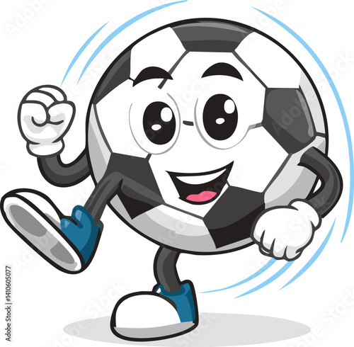 Happy soccer ball walking and smiling wearing glasses