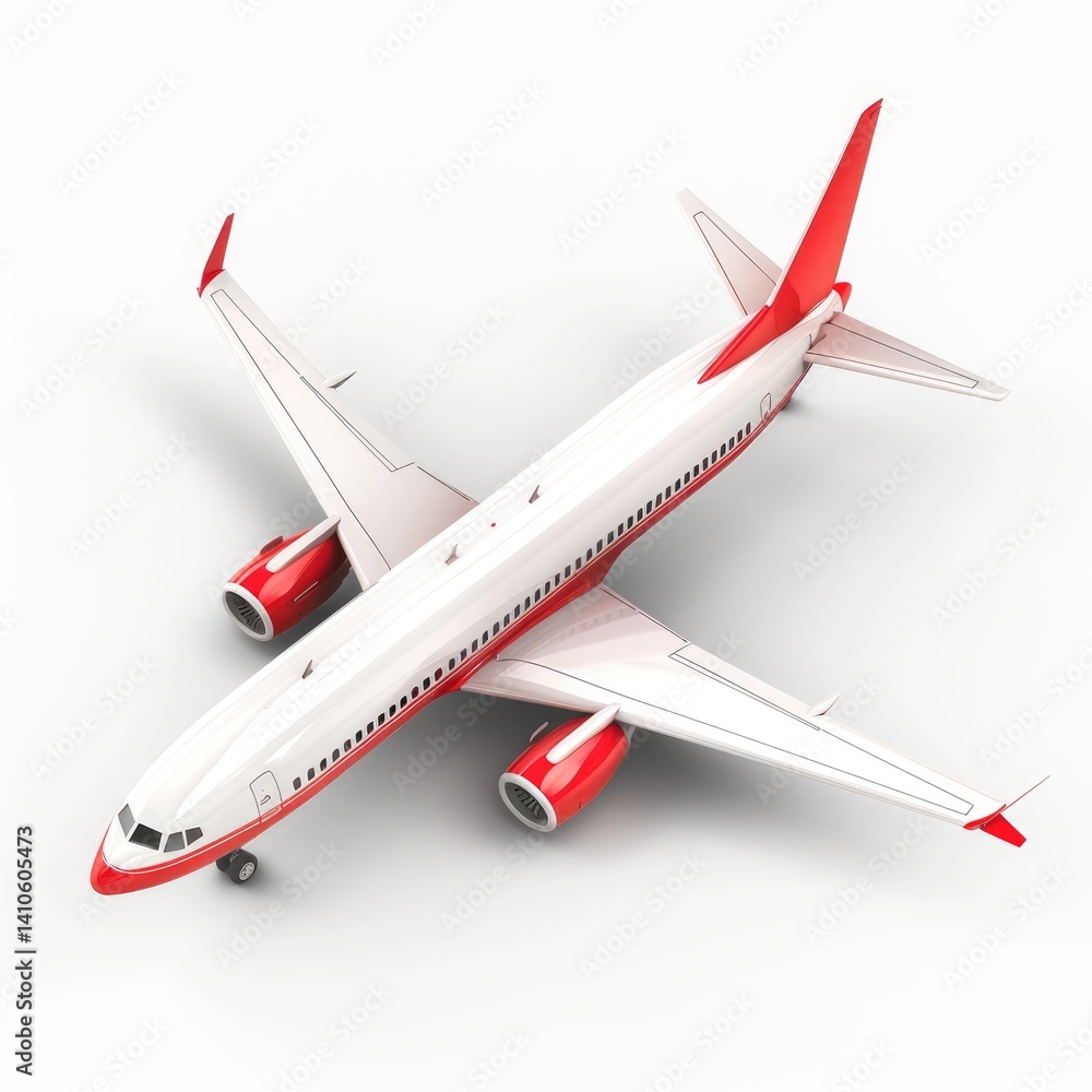 Red and white passenger jet aircraft in top-down view. Red and white passenger jet aircraft in top-down view.